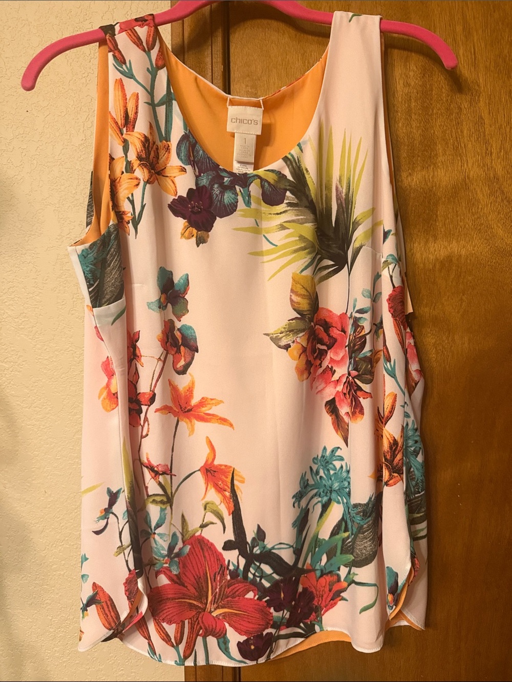 Chico's Pink Floral Sleeveless Camisole with Teal, Orange and Red Accents